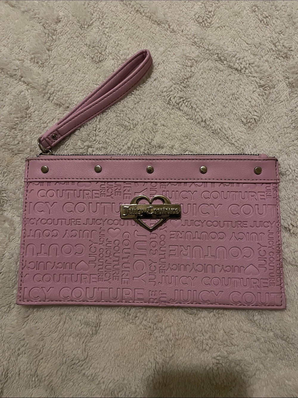 Juicy Couture Light Pink Embossed Wristlet Clutch with Gold Heart Logo